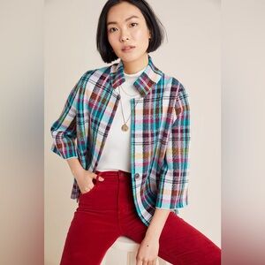 Anthropologie Rosetta Crop Plaid Knit Jacket Size Small Multicolor Plaid Blazer